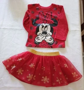 Camisa Minnie Mouse y Rojo Dorado Brillo Copo de Nieve Tutú Falda Conjunto Niñas 2T - Imagen 1 de 10
