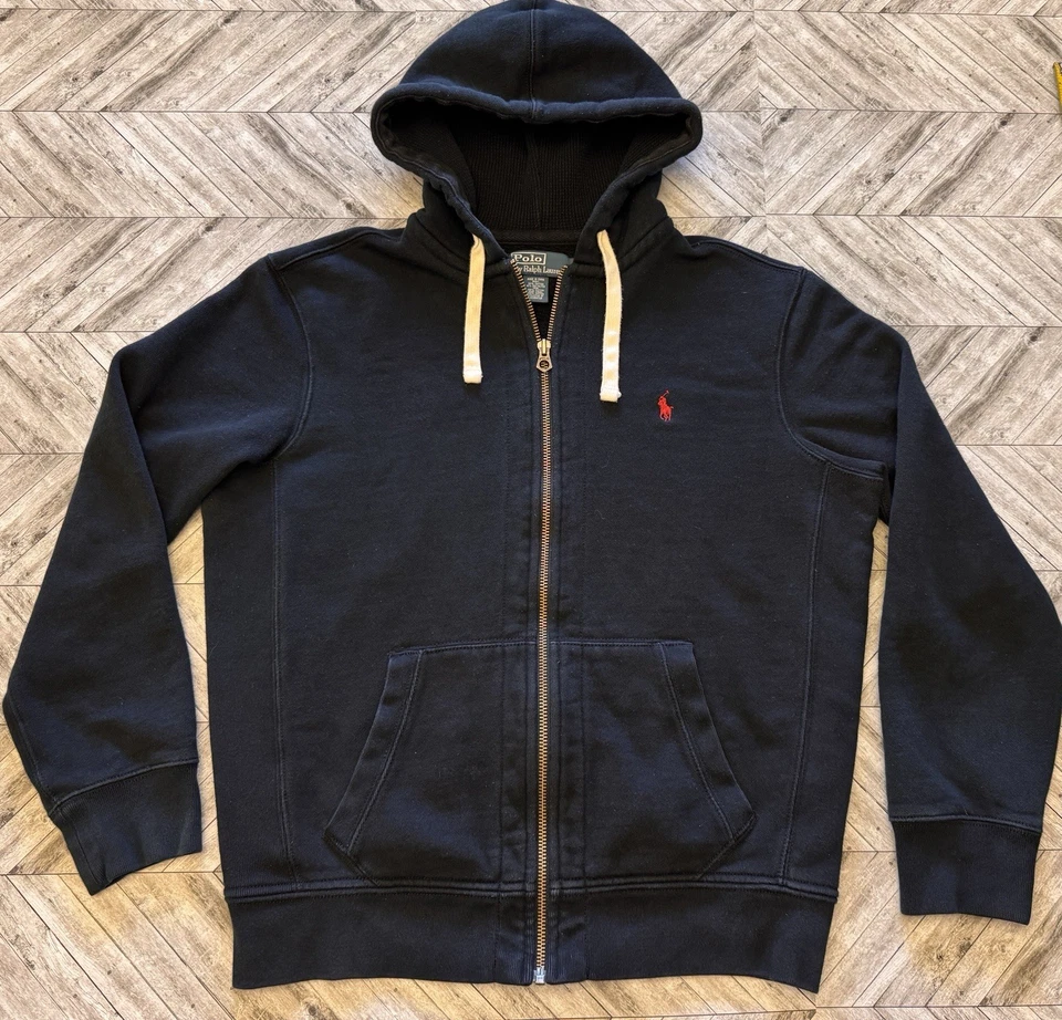 Moletom com capuz Polo Ralph Lauren masculino grande preto zíper completo caminhada preppy logotipo ao ar livre - Imagem 1 de 4