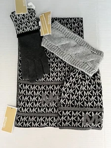 Michael Kors 4-Piece Set SCARF, HAT & GLOVES (3-Piece) + HEADBAND BLACK, GRAY * - Picture 1 of 3
