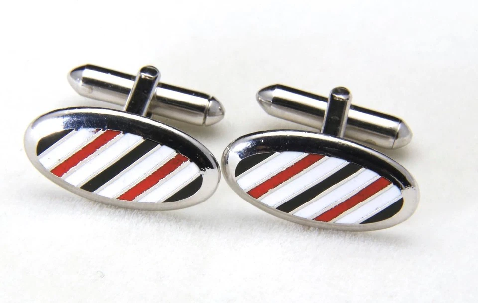 Vintage Swank Stainless Steel Black White & Red Enamel Striped Oval Cufflinks - Image 1 of 1