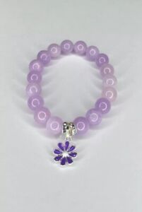 LAVENDER AMETHYST Beaded Bracelet W Purple Flower Charm 7” + Free 🎁