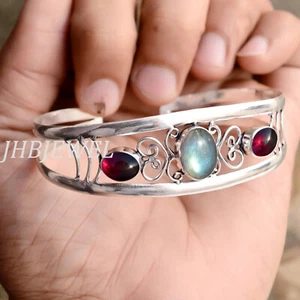 Labradorite & Garnet Gemstone 925 Sterling Silver Bracelet For Men's Gift - Picture 1 of 4