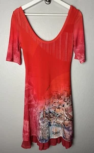 SAVE THE QUEEN Size Small Red Roma Rome Italy View Ruffle Hem Mini Dress Stretch - Picture 1 of 4