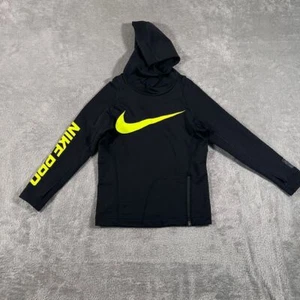 Nike Pro Hyperwarm Hoodie Fitted Kids Black Yellow Swoosh Training Top - Picture 1 of 9