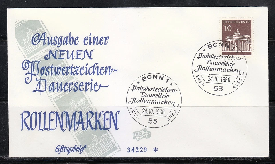 Germany 1966 FDC cover Brandenburg Gate Rollenmarken Mi 506 - Image 1 of 1