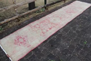 Long Vintage Handmade Turkish Hallway Runner Rug, Pink Kitchen Rug, 150"x32" - Picture 1 of 8