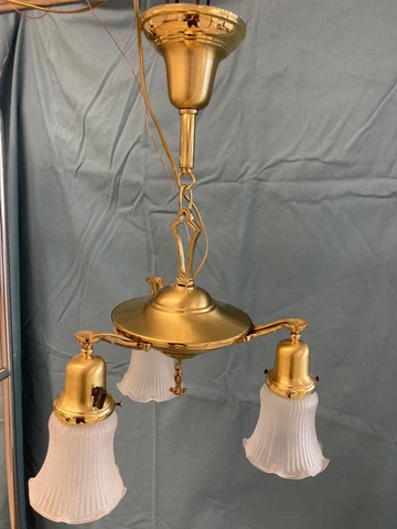 Antique Original Restored Three Arm Pan Light With Glass Shades Cover