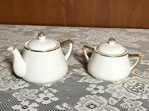 Meito China Tea Pot and Sugar Set Gold Trim White Hand Painted Made in Japan - Picture 1 of 14