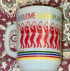 VTG 1980’s Anchor Hocking Milk Glass Tennis Mug “ LiveLoveLaugh” Nice - Picture 1 of 9