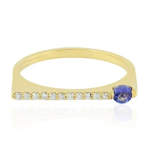 18k Yellow Gold Blue Tanzanite Diamond Stackable Ring For Women Christmas Gift - Picture 1 of 7