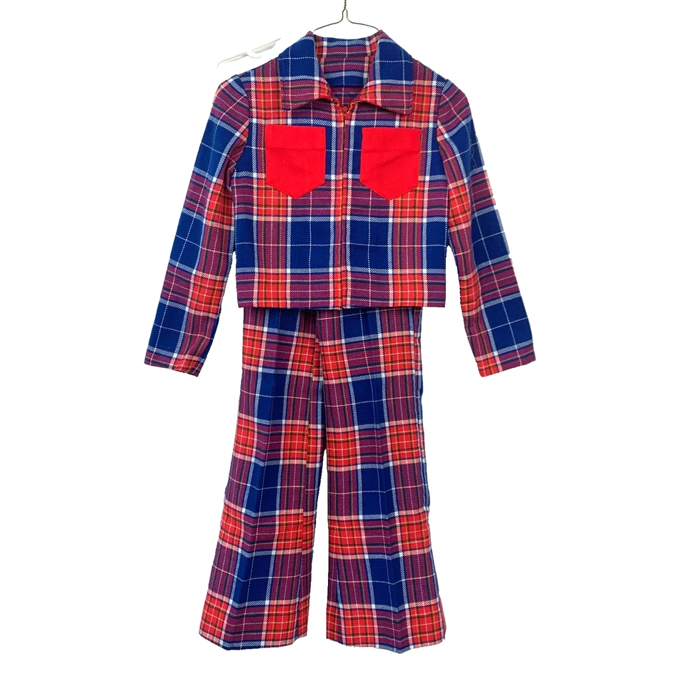 Traje Chaqueta Pantalones Vintage Hecho a Mano Adolescente Azul Rojo Cuadros Retro Mod Disco Ocio Foto 1 de 4