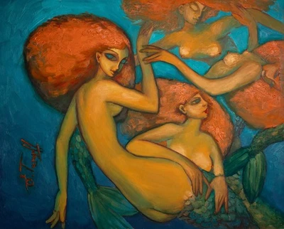 Eva Tarasoff "Meermaids" Original Gemälde Öl Bild auf Leinwand Pop Art 75X60 - Bild 1 von 4