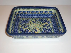 Unikat Poland Rectangular Baker/Server, Blue Flowers and Birds - Picture 1 of 8