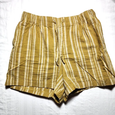 Uniqlo Shorts Womens Medium Mustard Yellow White Striped Linen Cotton Blend - Image 1 of 4