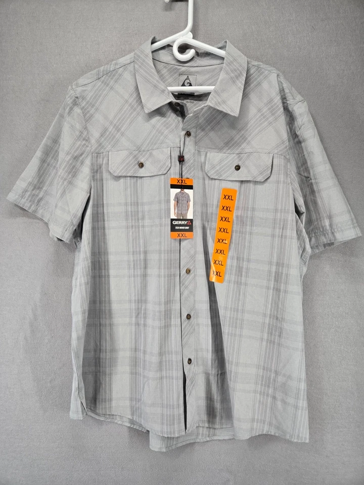 Men’s 2xl Gerry XXL Gray Plaid Short Sleeve Woven Shirt Stretch UPF 30