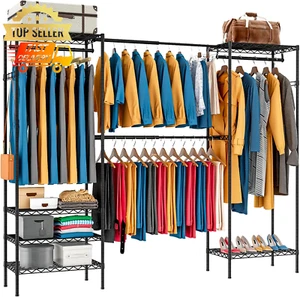 Expandable Closet Organizer Freestanding Garment Rack w/ Shelves & Hanging Rods - Picture 1 of 8