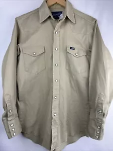 Vintage WRANGLER BRUSHPOPPER X-Long Tails 15-33 Pearl Snap Tan Khaki Denim Shirt - Picture 1 of 7