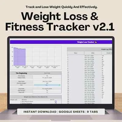 Weight Loss & Fitness Tracker Spreadsheet for Google Sheets, Meal Planner - Image 1 of 4