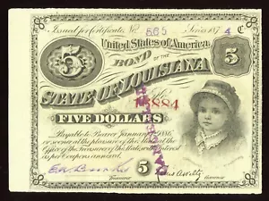 1874 $5 Five Dollars State Of Louisiana “BABY BOND” Currency Note - Picture 1 of 2