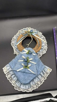 Victorian Style Straw Hat Blue Rose Lace Ribbon Pearl Tea Party Wall Decor - Image 1 of 4