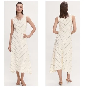 Mango MNG Selection Gestreiftes Ausgestelltes V-Ausschnitt Ärmelloses Midikleid Ecru Größe 6 - Bild 1 von 15