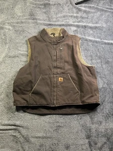Carhartt Vest Mens Large Brown Sherpa Lined Workwear Canvas Outdoor Zip Pocket - Picture 1 of 6