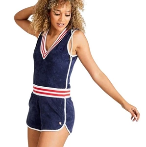 New With Tags Champion Romper Size XSmall Terry Cloth Blue Hooded V-Neck Shorts - Picture 1 of 13