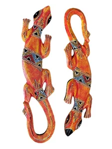 2 BEAUTIFUL GECKOS WOOD WALL ART HOME DECOR TIKI TROPICAL PATIO HANGING - Picture 1 of 2