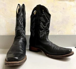 Los Altos Men's Black Square Toe Cowboy Boots Genuine Leather Size 7 1/2 US EE - Picture 1 of 12