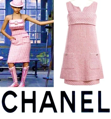 5K Mint Chanel 2014 Barbie Pink White Tweed Mini Dress 36 38 40 4 6 8 Logo M S - Image 1 of 4