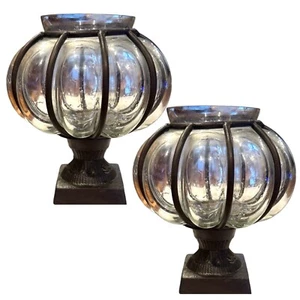 Hand Blown Caged Glass Wrought Iron Pedestal Candleholder 5” (set of 2) Vase - Picture 1 of 7