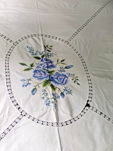 Vtg Embroidered White Linen Coverlet Blue Floral Cross-stitch 90x100 Tablecloth - Picture 1 of 23