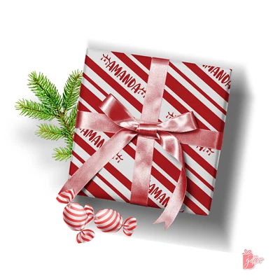 Personalized Gift Wrapping Paper w/ Antler Name on Candy Cane Pattern Gift Wrap - Image 1 of 4