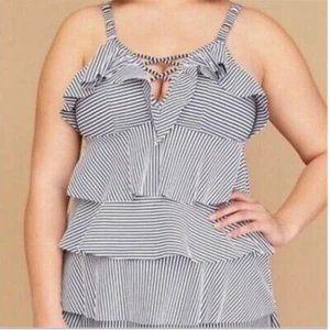 Cacique Damen Gestreiftes Rüschen Tankini Oberteil Blau Größe 24 Strand Pool - Bild 1 von 13