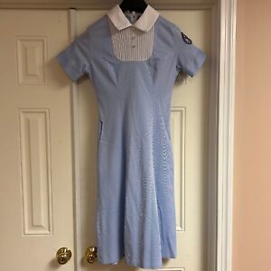 Vintage Student Nurse Uniform 1980s Blue & White Stripes Zip Back Short Sleeve
