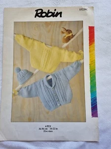Robin Knitting Pattern 15220C - Babies Sweater, Cardigan and Hat - Good Used - Picture 1 of 2
