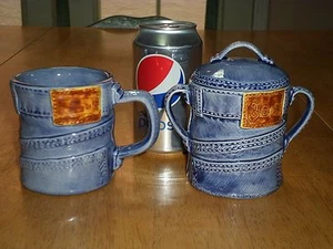 BLUE JEANS PANTS, Ceramic Coffee Cup & Sugar Container Jar with Lid, Total of #2 - Picture 1 of 10