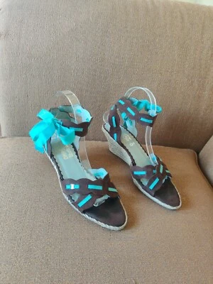 Sandalias Salvatore Ferragamo Marrón Tobillo Envoltura Alpargata Cuñas Talla 7.5 Foto 1 de 4