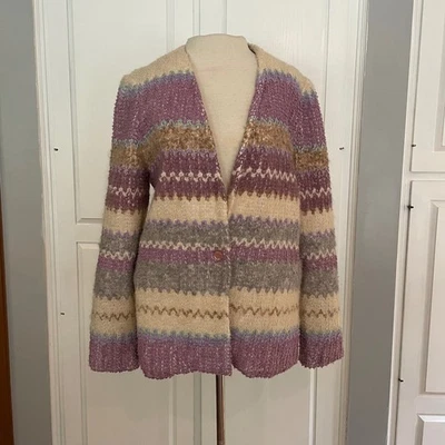 Vintage Devon Striped Boucle Knit Cardigan Sweater Jacket Purple Beige Career - Image 1 of 4
