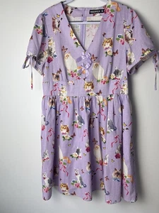 Dangerfield Curve Kitsch Kitty Print Dress Size 16 Zip Close Pockets Bows New - Picture 1 of 12