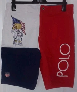 Polo Ralph Lauren W32 Relaxed Fit Chino Bear Shorts Stadium USA Flag Olympic 67 - Picture 1 of 16