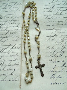 French vintage mother of pearl beads - metal cross pendant necklace beautiful - Picture 1 of 5