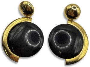 Vintage 80’s Glam Oversized Statement Gold Tone Black Earrings Dangle Modernist  - Picture 1 of 7
