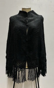 Alpaca Camargo women buttoned poncho one size  black crochet trim and fringes - Picture 1 of 12