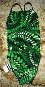 ADIDAS Geometric Curve Vortex Back Green Black Swim Suit NEW Female Sz 26 - Picture 1 of 6