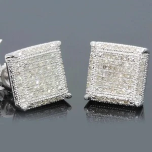 Rock Hip Hop Iced Out Zircon Ear Stud Earrings Shiny Bling Silver Square Studs - Picture 1 of 3
