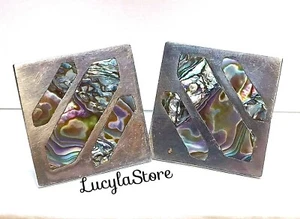 Gemelli vintage argento sterling 925 righe abalone uomo retrò quadrati ARZATE - Foto 1 di 12