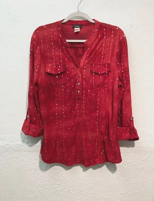 Blusa para mujer Cocomo Top Cuello en V Manga 3/4 Lentejuelas Carrera Fluido Rojo Pintuck L Foto 1 de 4