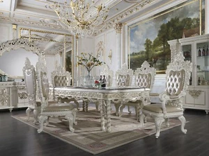 Traditional Antique White Table & Leatherette Chairs - 9 piece Dining Set ICAV - Picture 1 of 6