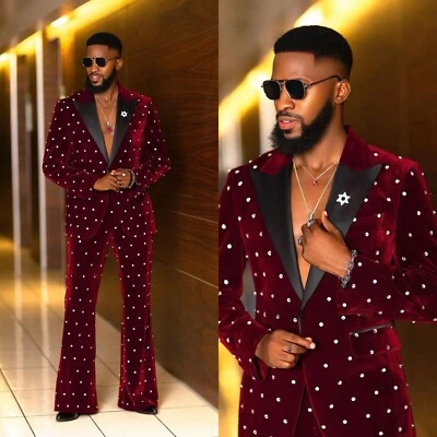 Esmoquin formal de fiesta con cuentas trajes de terciopelo borgoña 2 piezas blazers para hombre Foto 1 de 4
